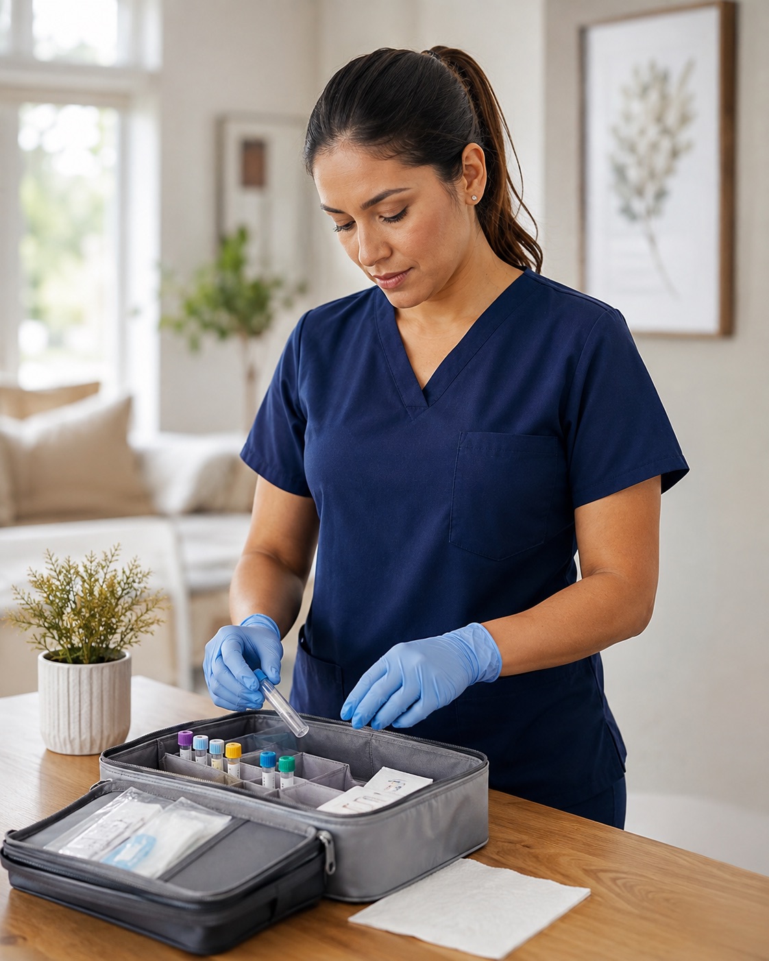 Profesional de enfermería preparando una toma de muestras de laboratorio a domicilio